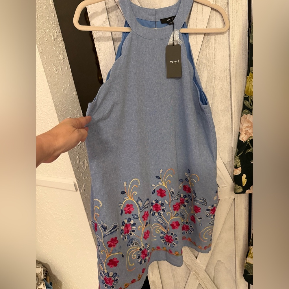 Anthropologie Light Blue Embroidered Mini Dress